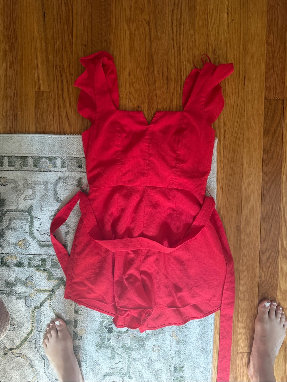 Francesca's Bright Red Ruffled Strap Romper